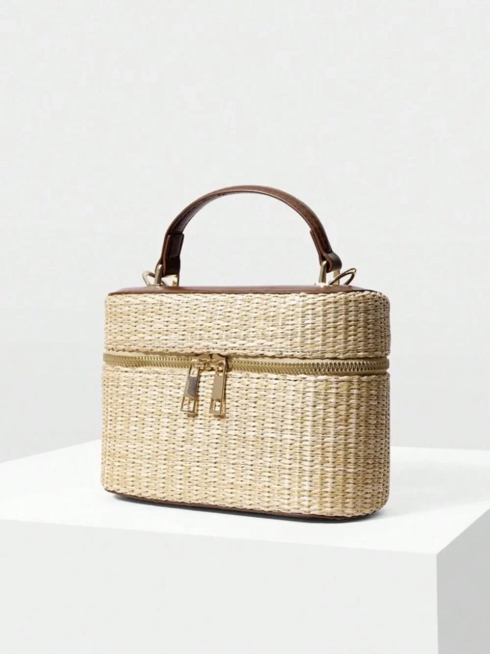 Tan Woven Straw Box Bag with Brown Trim Top Handle
